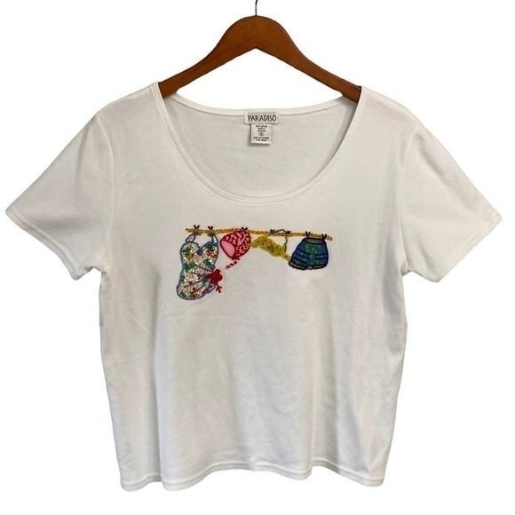 paradiso Tops - PARADISO Clothes Line Beaded Short Sleeve Cropped Tee Top Cotton Scoop Neck Cute